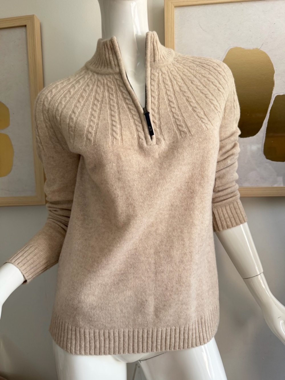 Vineyard Vines oatmeal Beige Lambs Wool Half-Zip Cable Yoke Sweater